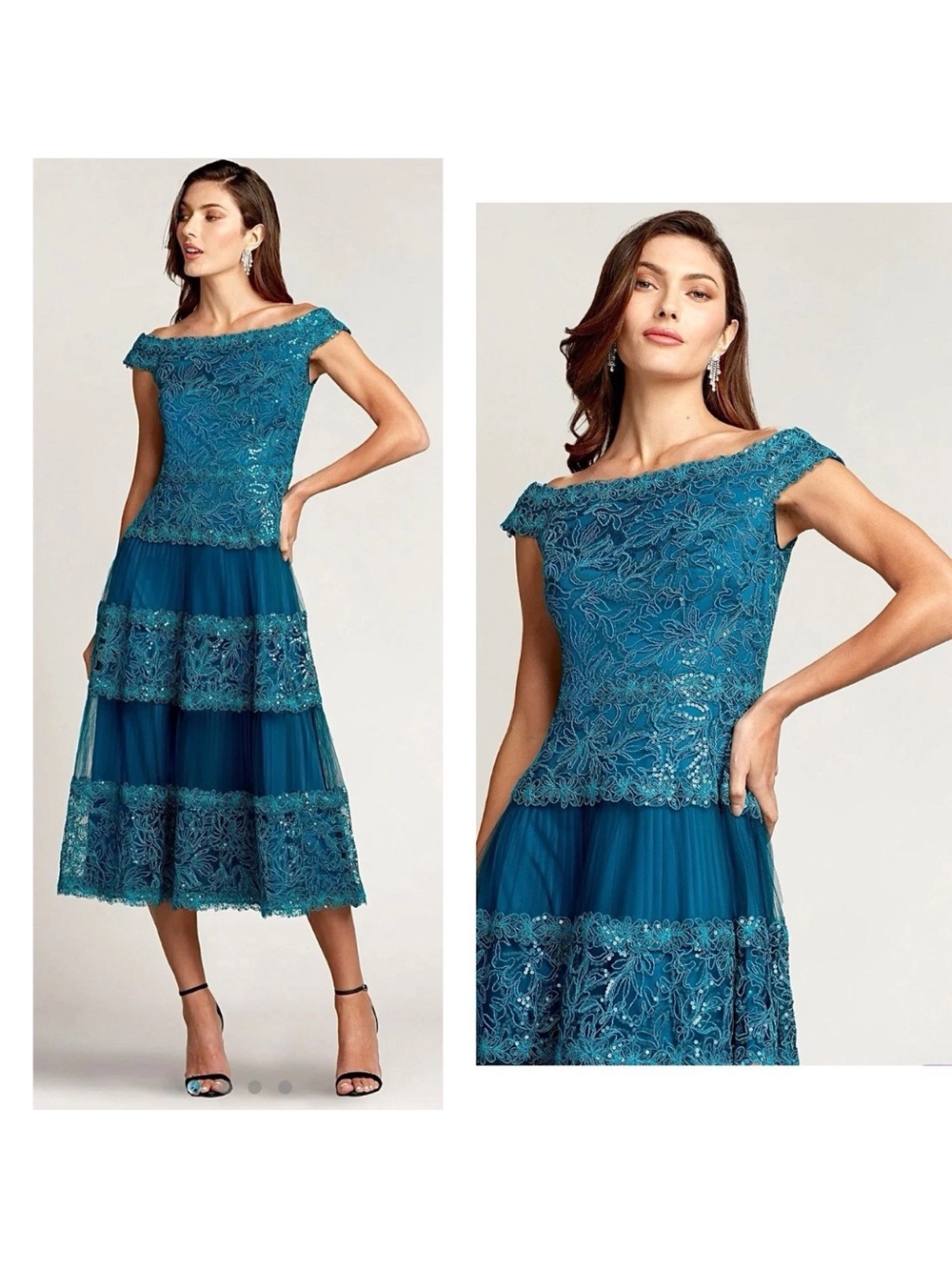 Tadashi Shoji ALYA Sequin Embroidered Midi Dress Women’s Size 18 Teal Blue Gown